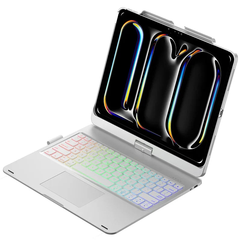 A white keyboard case with a trackpad for an iPad Pro or Air is shown open, displaying a rotating keyboard.