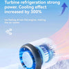 A handheld high-speed cooling fan is shown with a clear protective shield, emphasizing its turbine refrigeration power.