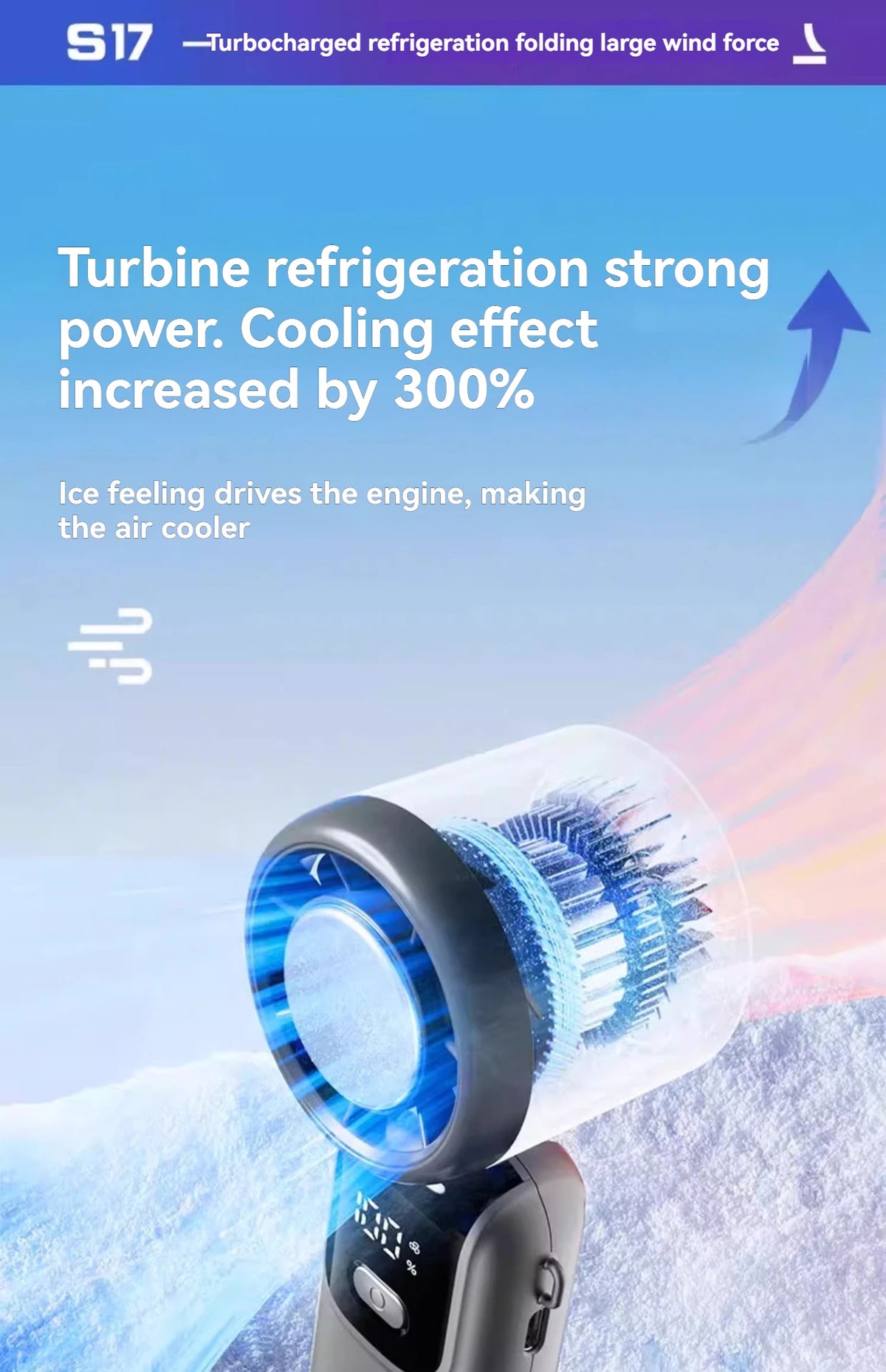 A handheld high-speed cooling fan is shown with a clear protective shield, emphasizing its turbine refrigeration power.