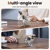 A dual-sided magnetic phone ring holder with a 360° rotating stand shown in use on a wooden table.