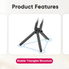 Product features showing a high quality metal carabiner, stable triangles structure, and strong magnet on a phone tripod stan