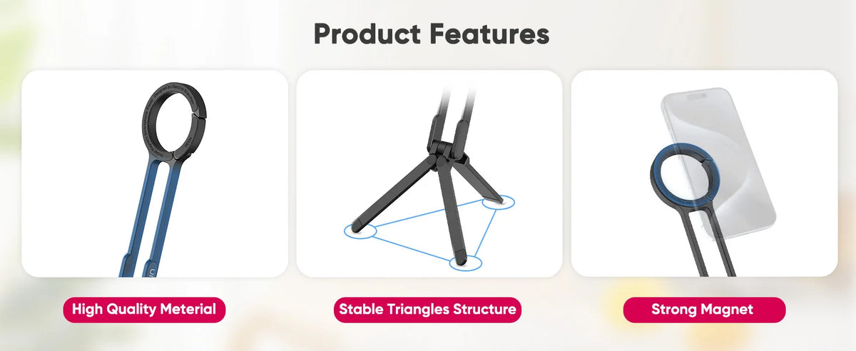 Product features showing a high quality metal carabiner, stable triangles structure, and strong magnet on a phone tripod stan