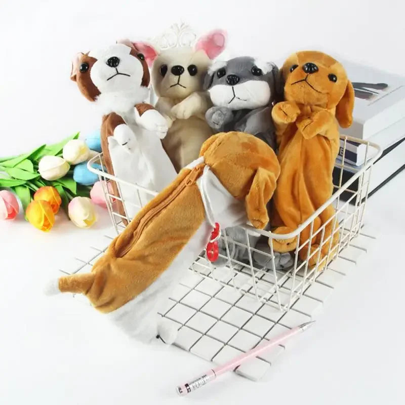 Adorable plush dog pencil case with a smooth zipper featuring various dog-themed plush toys.