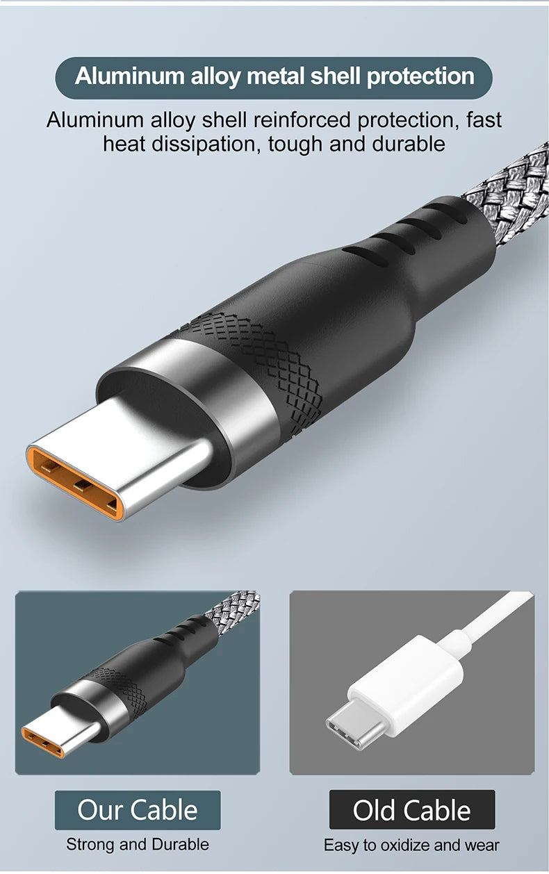 A black aluminum alloy USB-C cable with a braided nylon design shown next to an old, damaged cable.