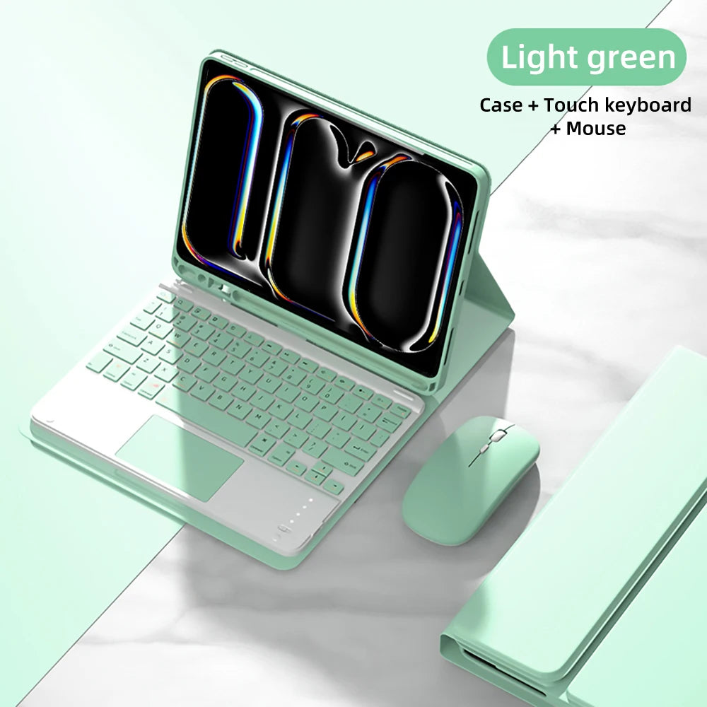 Light green magnetic keyboard case for an iPad Pro with a touch keyboard and mouse.