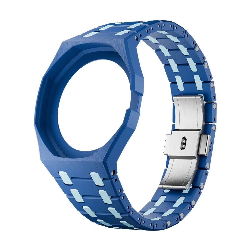 A blue ceramic watch case and strap set for a Swatch X AP Royal POP watch.