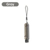 Gray USB-C male to female adapter with a foldable stand and keychain.