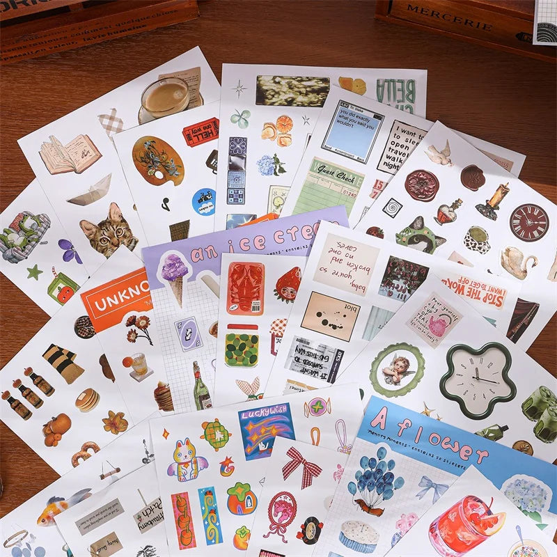 A collection of aesthetic scrapbooking stickers featuring nature, animals, and various decorative elements.
