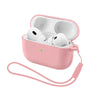 A pink silicone earphone case with a strap is open, showing two white earbuds inside.