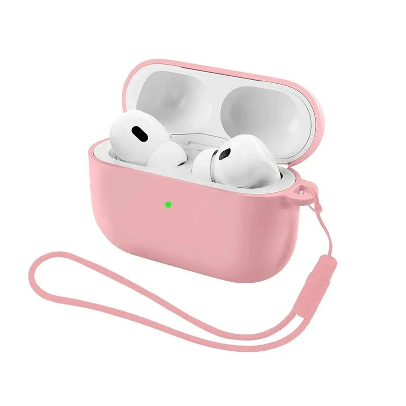 A pink silicone earphone case with a strap is open, showing two white earbuds inside.