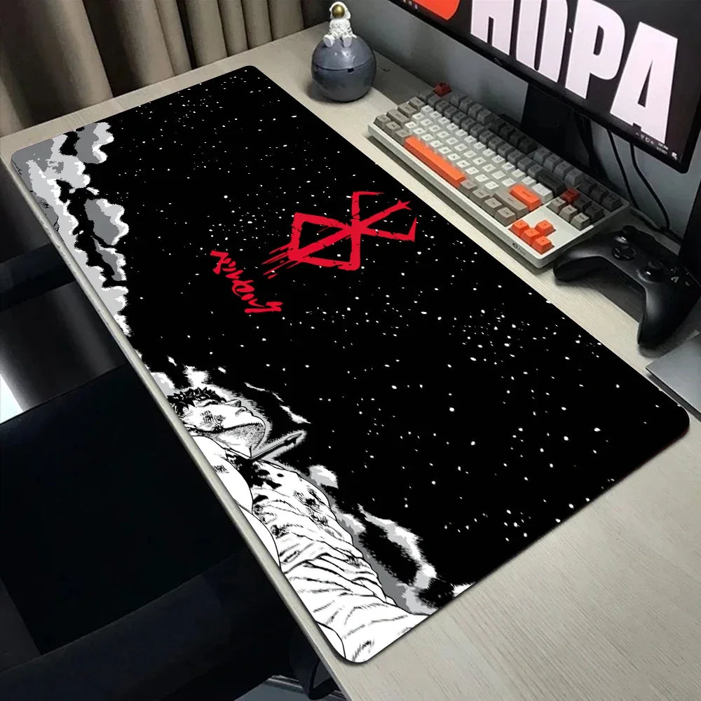 A large black mouse pad featuring a white silhouette of a figure and a red Berserk logo against a starry night background.