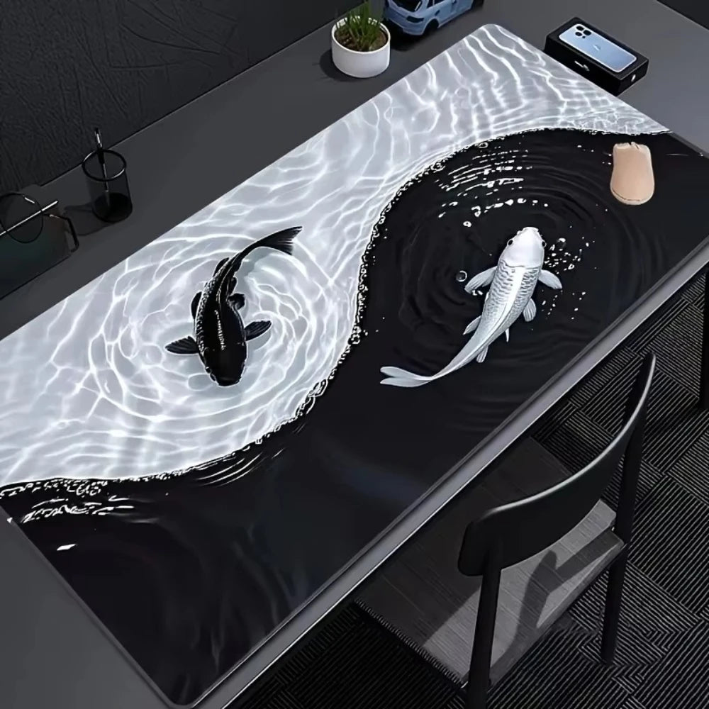 A black mouse pad featuring an artistic design of a whale shark swimming through white, wavy water.