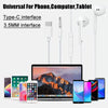 A set of universal earphones featuring a Type-C interface and 3.5MM jack, shown alongside various electronic devices.