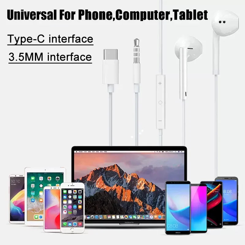 A set of universal earphones featuring a Type-C interface and 3.5MM jack, shown alongside various electronic devices.
