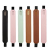 A set of five leather protective cases for tablet stylus pens in black, pink, mint green, brown, and light pink.