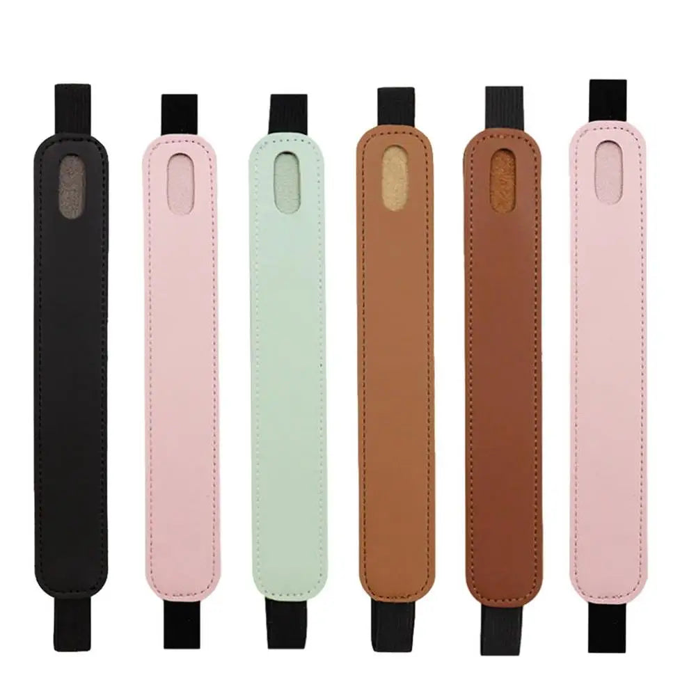 A set of five leather protective cases for tablet stylus pens in black, pink, mint green, brown, and light pink.