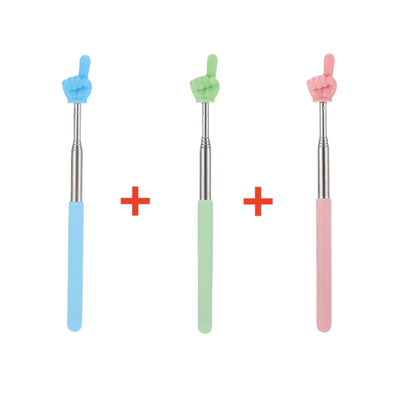 Three stainless steel telescopic teaching pointers in blue, green, and pink.