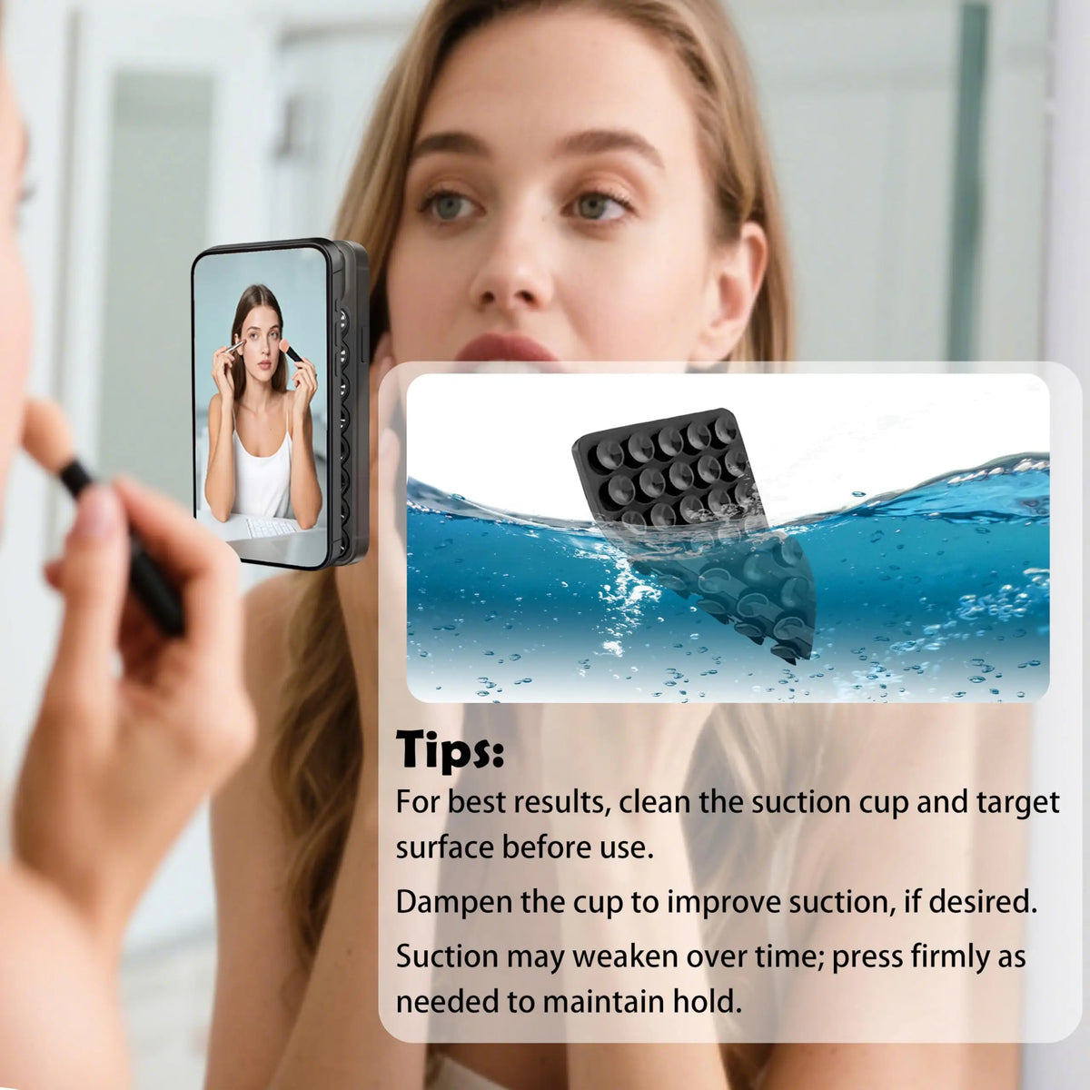 A woman is using a silicone suction cup phone holder to attach a camera to her face.