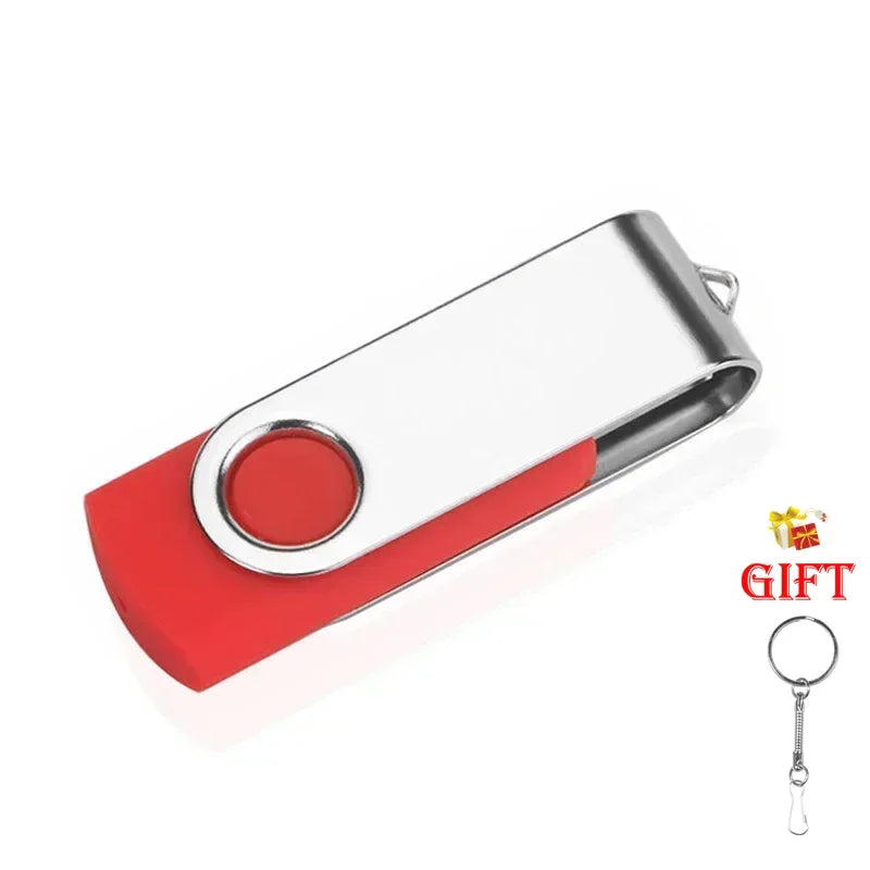A red and silver metal USB flash drive with a keyring attached.