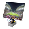 A wireless speaker with an adjustable phone stand and night light is shown, featuring a photo of a stadium crowd.