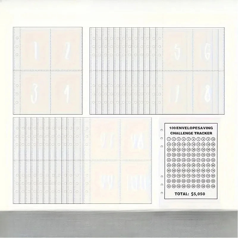 A set of 100 envelopes for document organization featuring numbered grids and a challenge tracker.