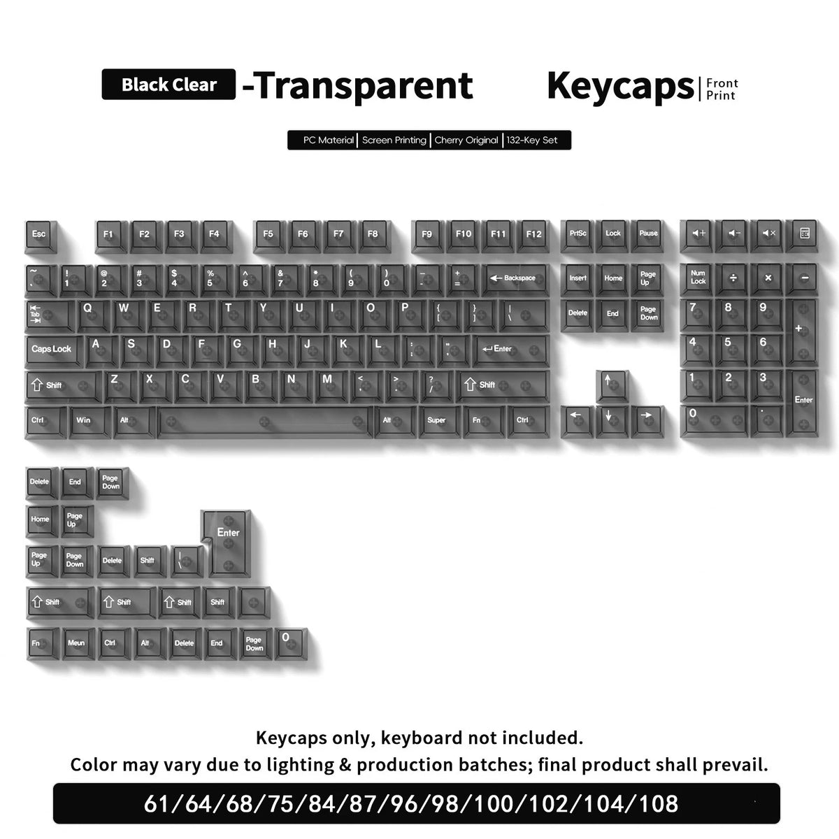 A set of black clear transparent mechanical keyboard keycaps for a PC or Cherry keyboard.