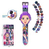 A purple K-Pop Demon Hunters projection watch featuring a female anime character and various charms.