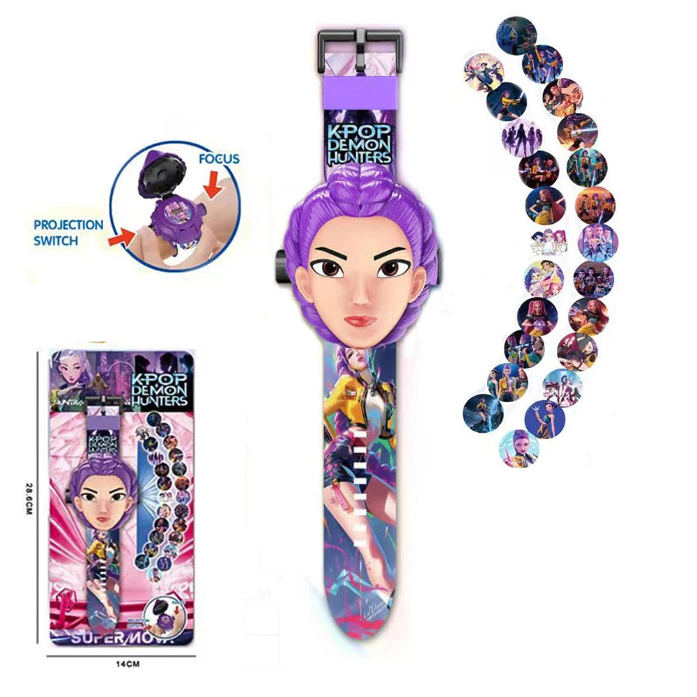 A purple K-Pop Demon Hunters projection watch featuring a female anime character and various charms.