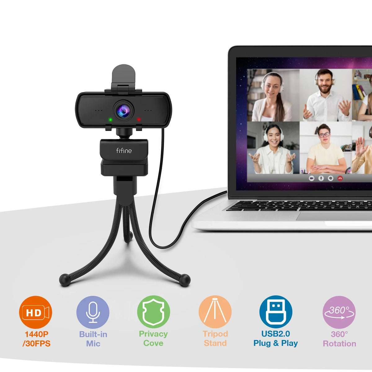 Black HD webcam with built-in microphone and tripod stand connected to a laptop.