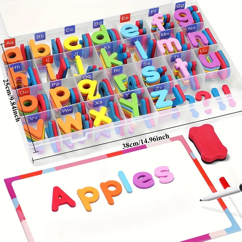A clear plastic tray filled with multi-color letter fridge magnets arranged alphabetically.