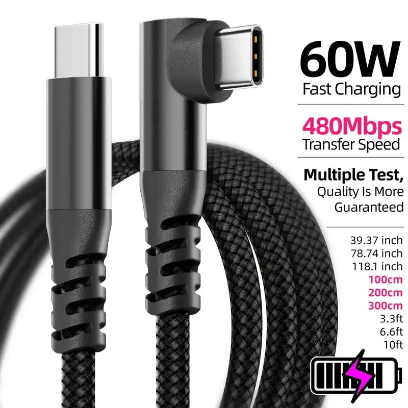 A black braided USB-C fast charging and data cable is shown with its connector end visible.
