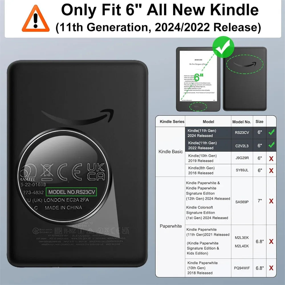 A black silicone protective cover for a 6 inch Kindle e-reader with various model options listed.