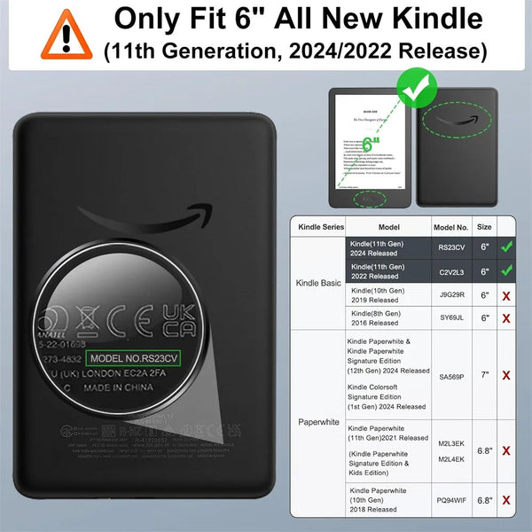 A black silicone protective cover for a 6 inch Kindle e-reader with various model options listed.