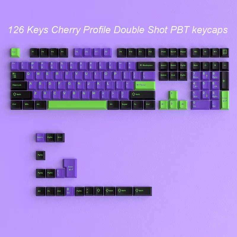 A close-up view of 126 keys in dark blue PBT keycaps with cherry profile for mechanical keyboards.