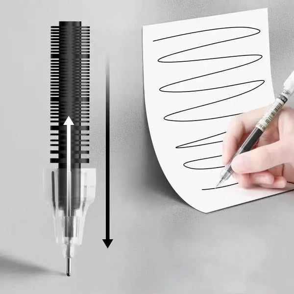 A hand is writing on a sheet of paper with a precision gel pen, next to a vertical representation of a pen tip.