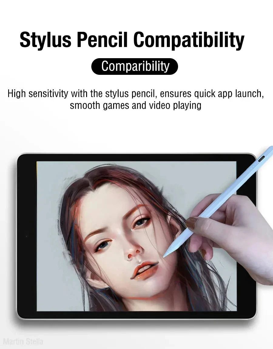 A hand uses a stylus pencil on an iPad displaying a woman's face, demonstrating stylus compatibility.
