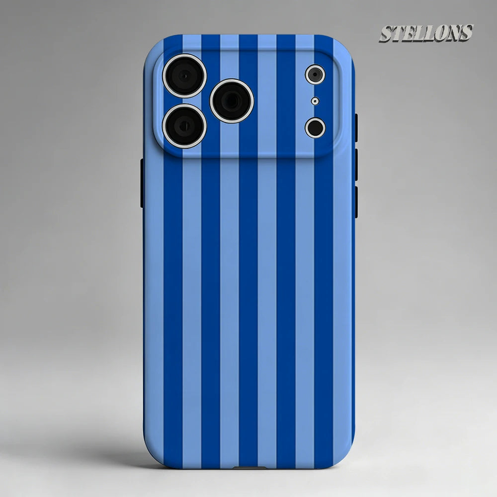 A blue and white striped phone case for an iPhone displayed against a light gray background.