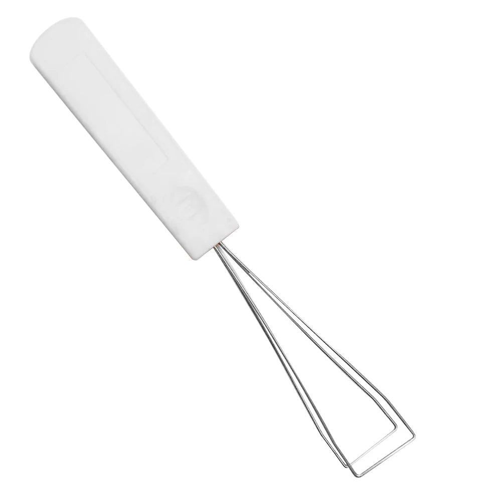 A white mechanical keyboard keycap puller with a metal tool for switch removal.