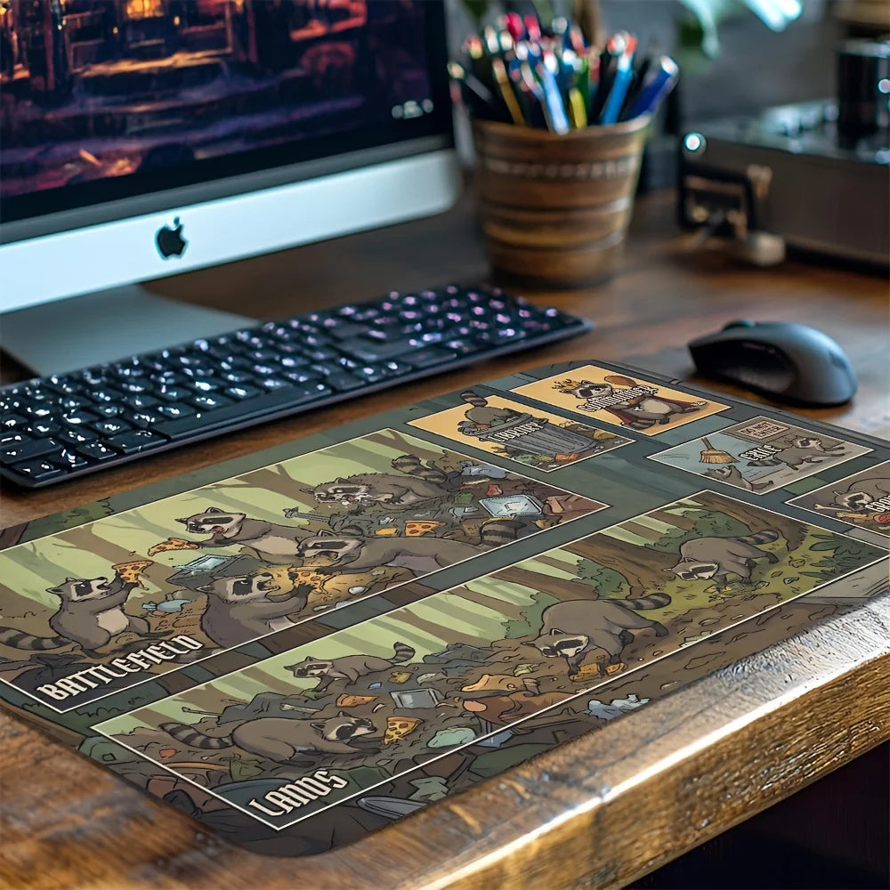 A wooden desk features a Trash Panda playmat for card games and desk use with various animal figures.
