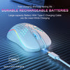A white gaming mouse is shown being charged using a Type-C cable on a dark surface.