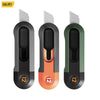 Three versions of a black and orange pocket knife with a green handle and silver blade.
