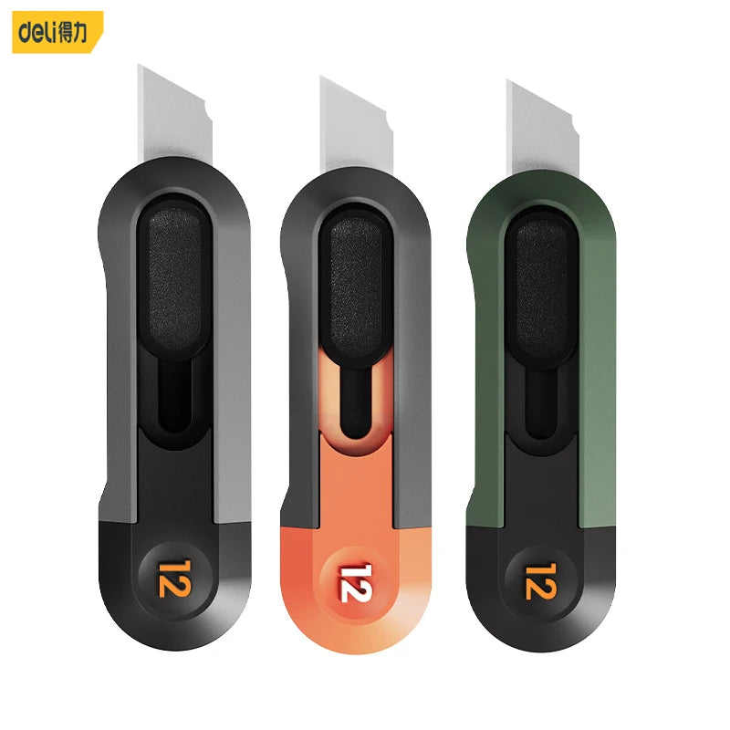 Three versions of a black and orange pocket knife with a green handle and silver blade.