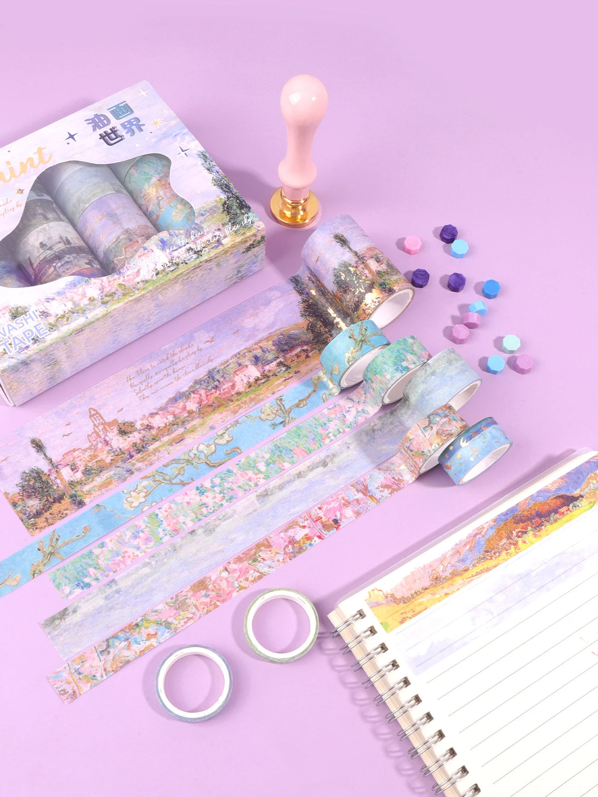 A set of oil painting themed decorative washi tape and a gold-colored paint brush on a purple background.