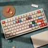 A close-up view of a white mechanical keyboard with retro PBT keycaps in various colors resting on a teal surface.