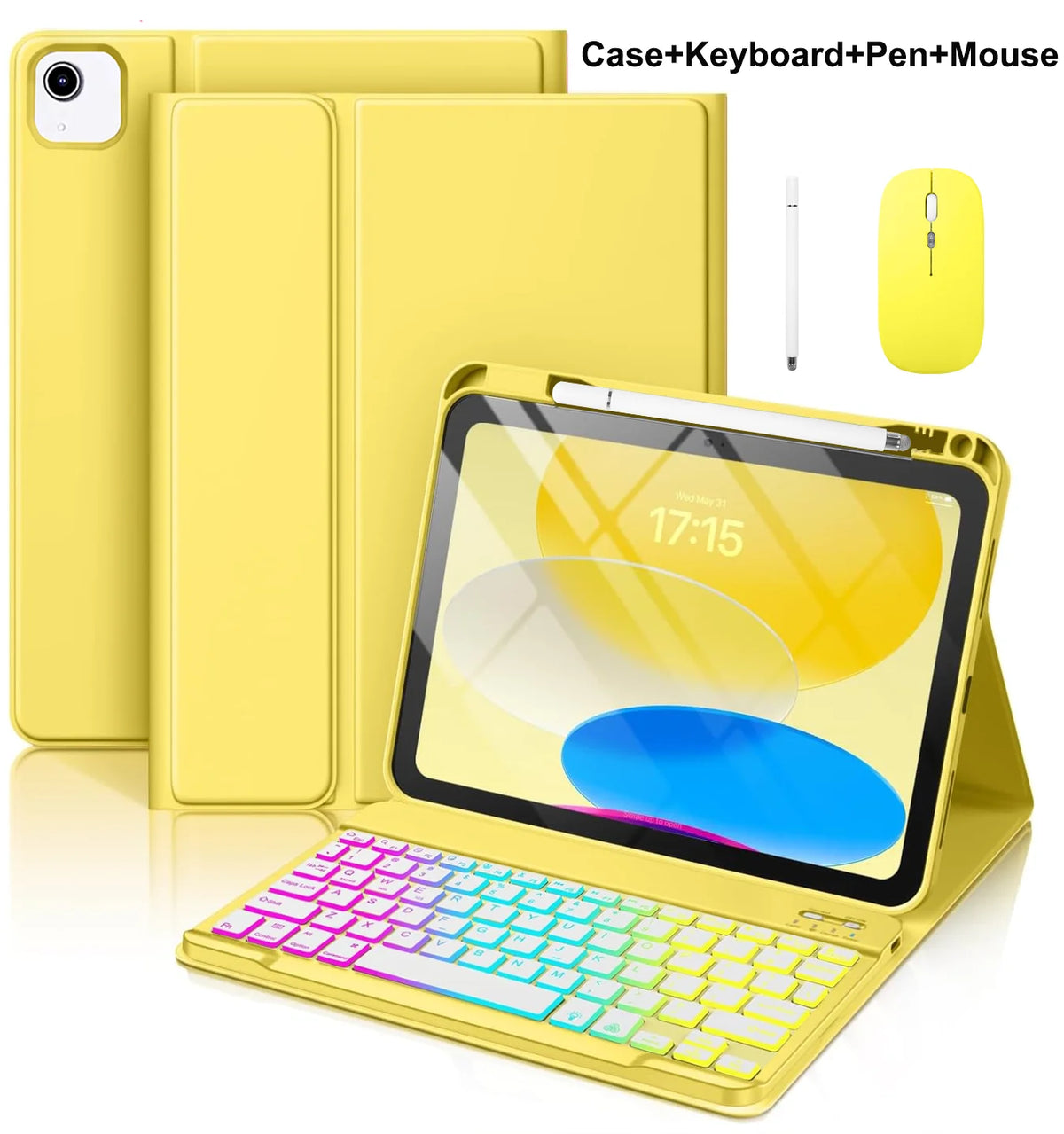 A yellow multi-function case for an iPad showing the tablet, a keyboard, a pen, and a mouse.