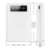 A white portable power bank with a digital display showing battery capacity options 25, 50, 75, and 100.
