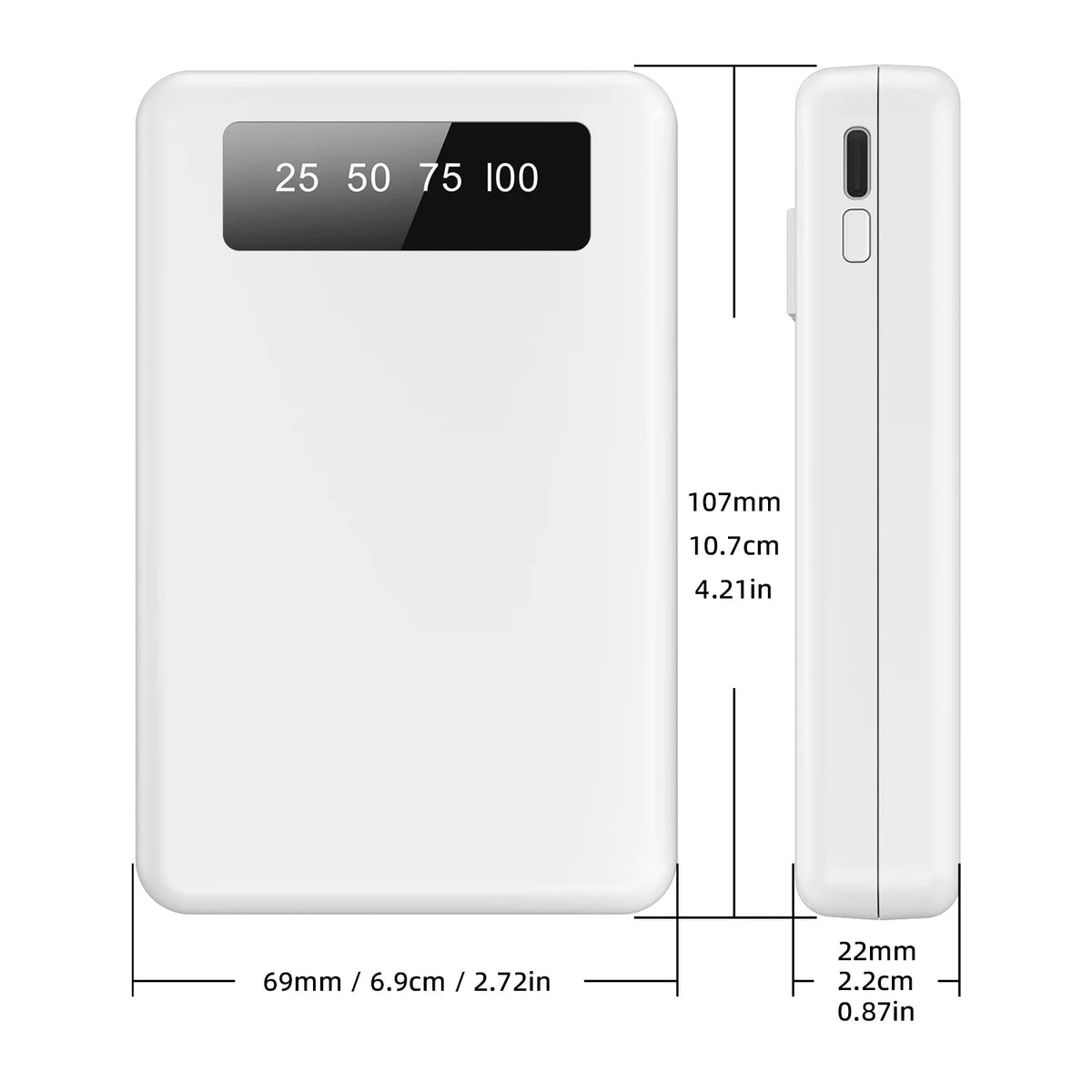 A white portable power bank with a digital display showing battery capacity options 25, 50, 75, and 100.