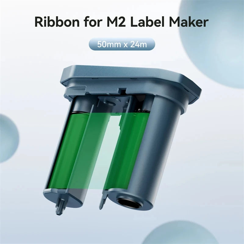 Ribbon for M2 Label Maker showing a green roll of ribbon inside the machine