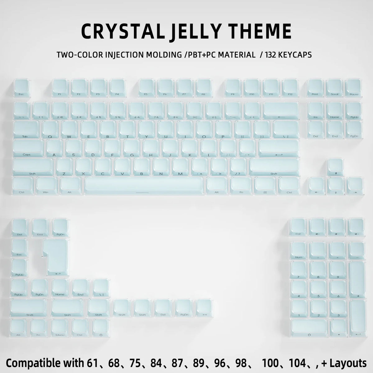 A layout of light blue crystal jelly theme mechanical keyboard keycaps for two-color injection molding