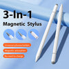 A white magnetic stylus pen shown next to three icons illustrating its features for universal phones and tablets.
